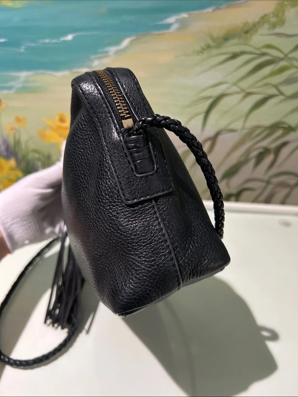 Tory Burch Black Pebbled Leather Camera Crossbody Bag with Tassel